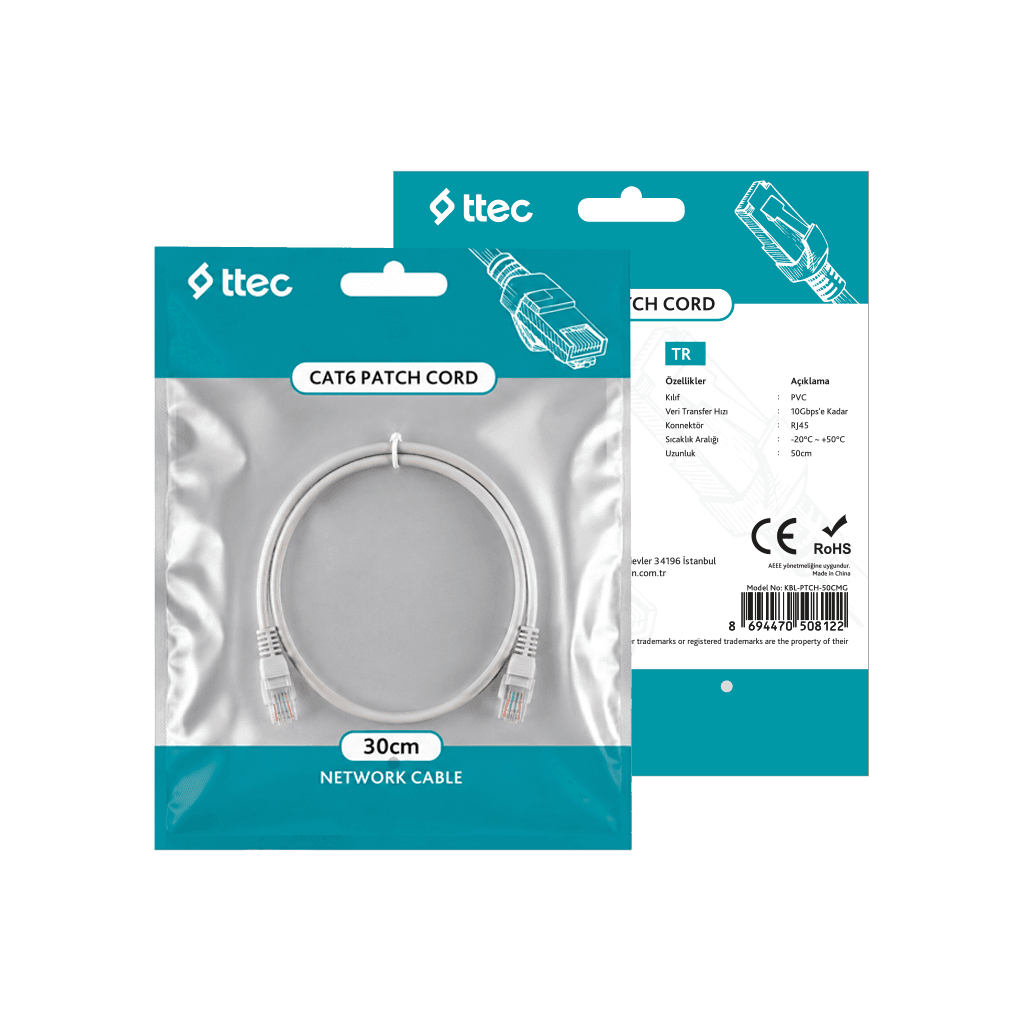 ttec KBL-PTCH-30CMG - CAT6 Patch Kablo 30cm Gri